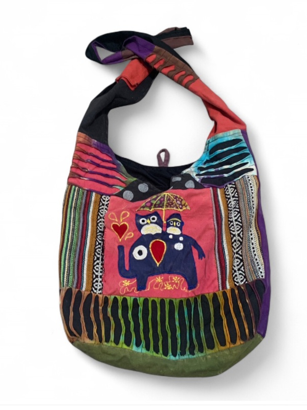 Y2K Bohemian Multicolor Patchwork Embroidered Elephant Owl Shoulder Bag